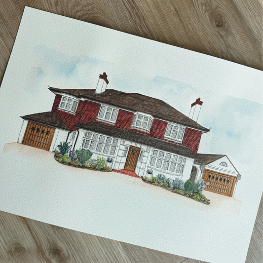 bespoke home portrait - hand painted house illustration in ink and watercolour