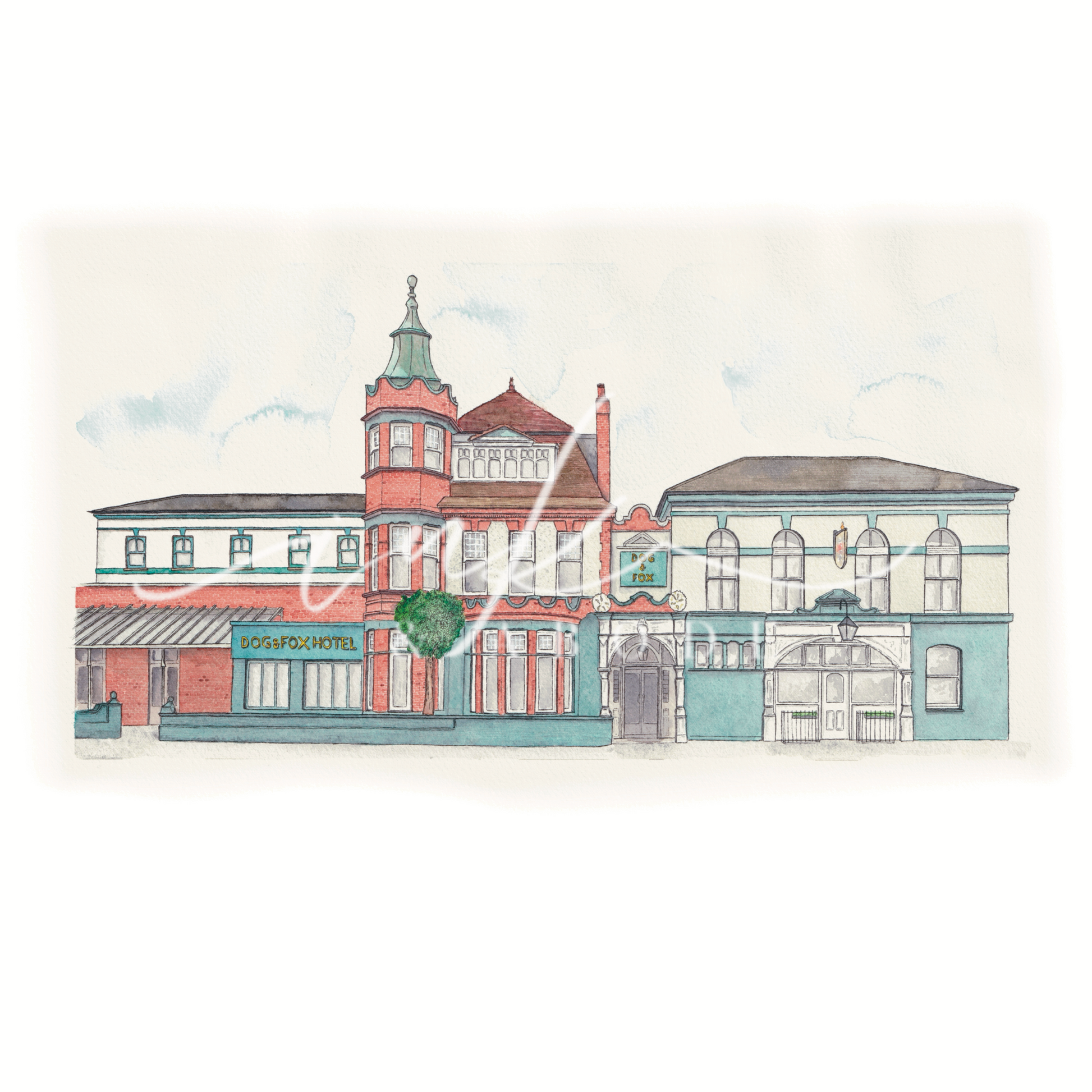 dog & fox pub fine art print - hand painted illustration of Wimbledon village pub
