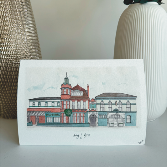 dog & fox pub fine art print - hand painted illustration of Wimbledon village pub