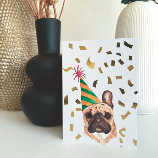 foil printed French bulldog party pet a6 birthday card hand drawn