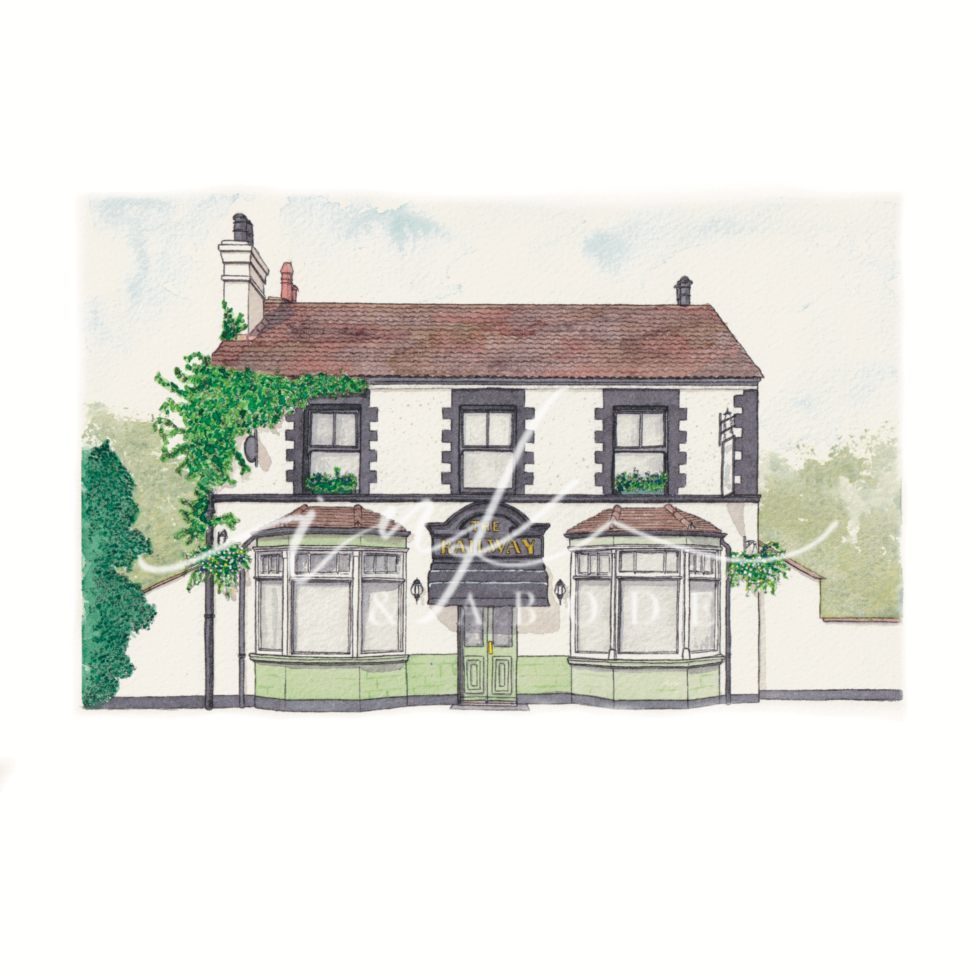 the railway pub fine art print - hand painted illustration of Cheam village pub