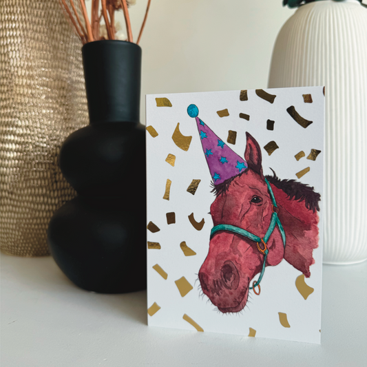 foil printed horse party pet a6 birthday card with hand drawn horse illustration and Kraft envelope.