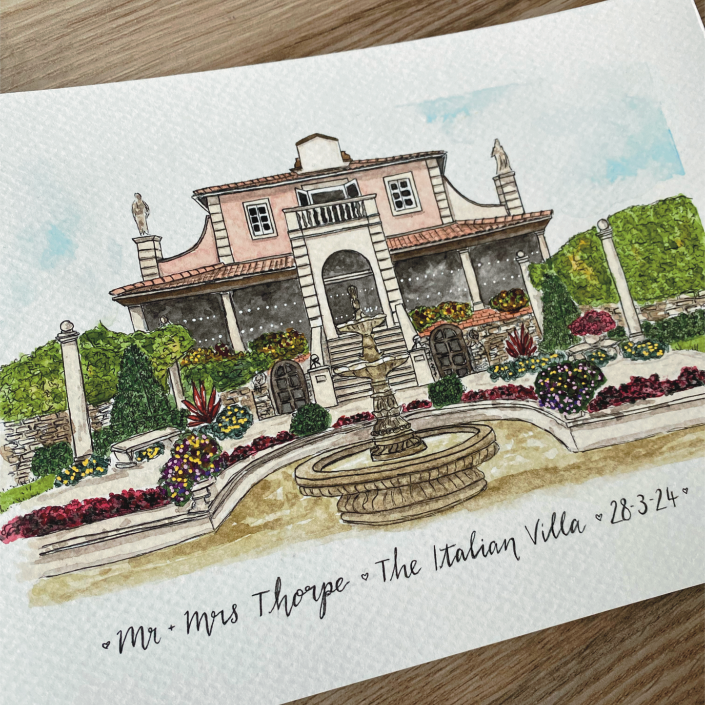 bespoke wedding venue illustration ink and watercolour