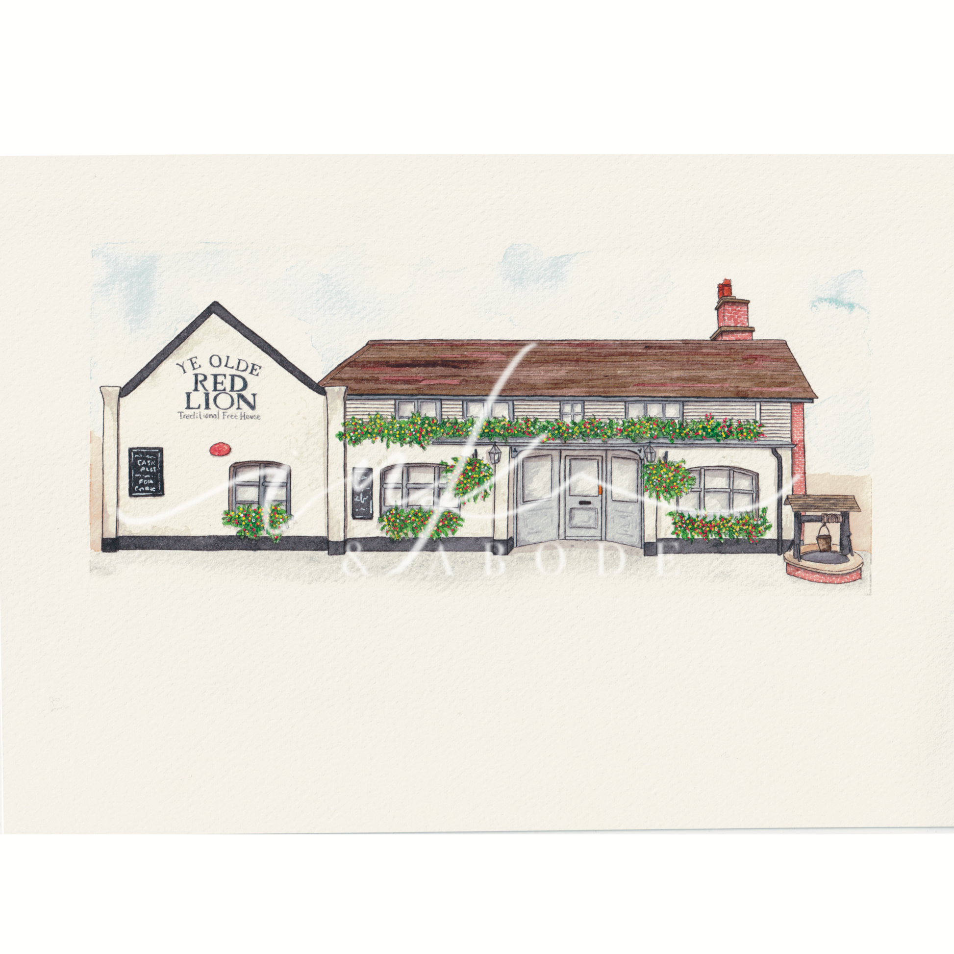 the red lion pub fine art print - hand painted illustration of Cheam village pub