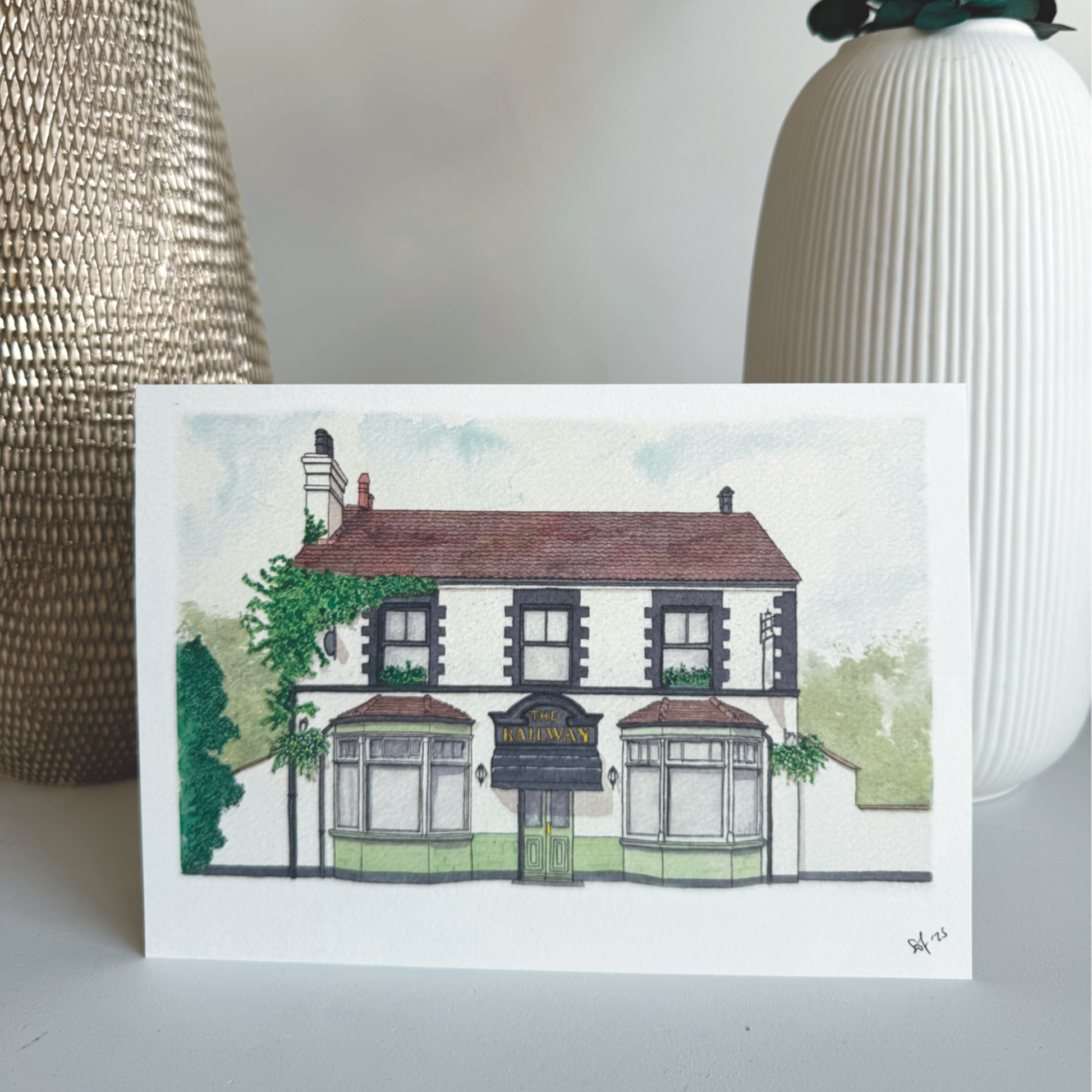 the railway pub fine art print - hand painted illustration of Cheam village pub