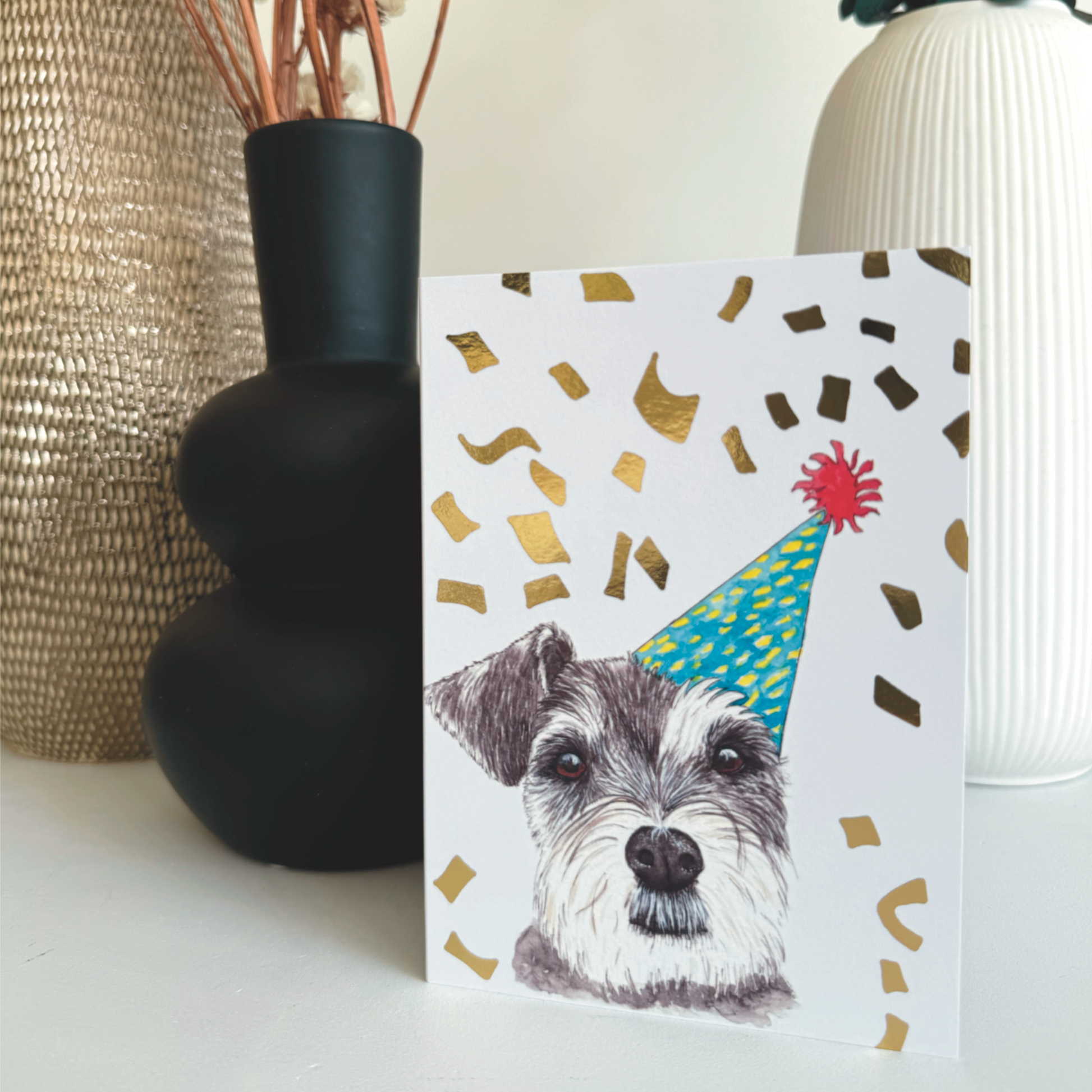 foil printed schnauzer party pet a6 birthday card with hand drawn illustration