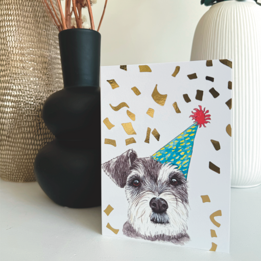 foil printed schnauzer party pet a6 birthday card with hand drawn illustration