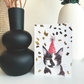 foil printed black and white cat party pet a6 greeting card with hand drawn illustration