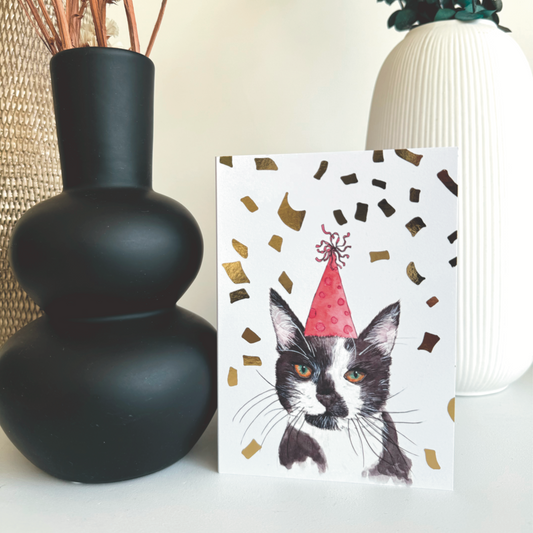 foil printed black and white cat party pet a6 greeting card with hand drawn illustration
