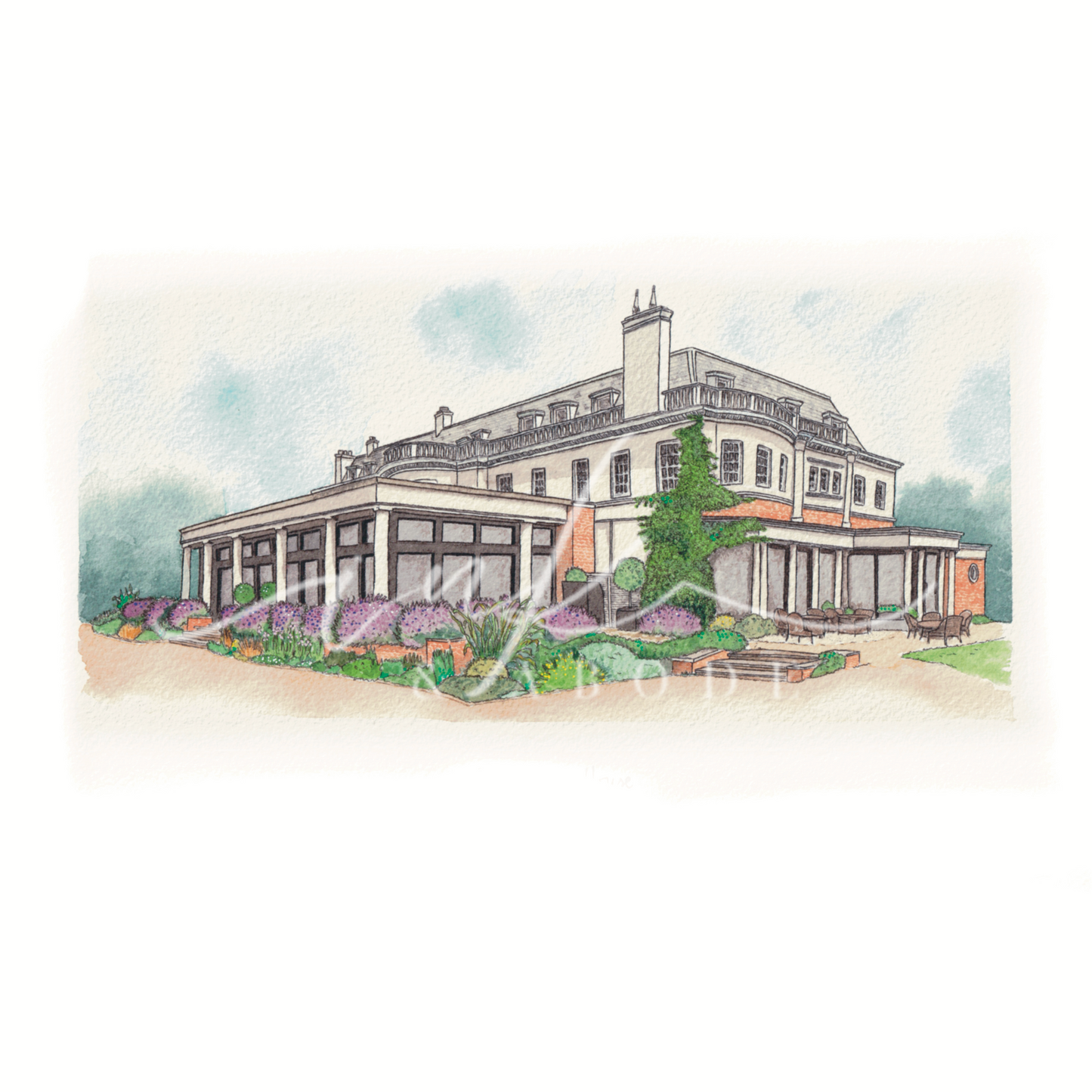 Cannizaro House fine art print hand painted Wimbledon hotel illustration
