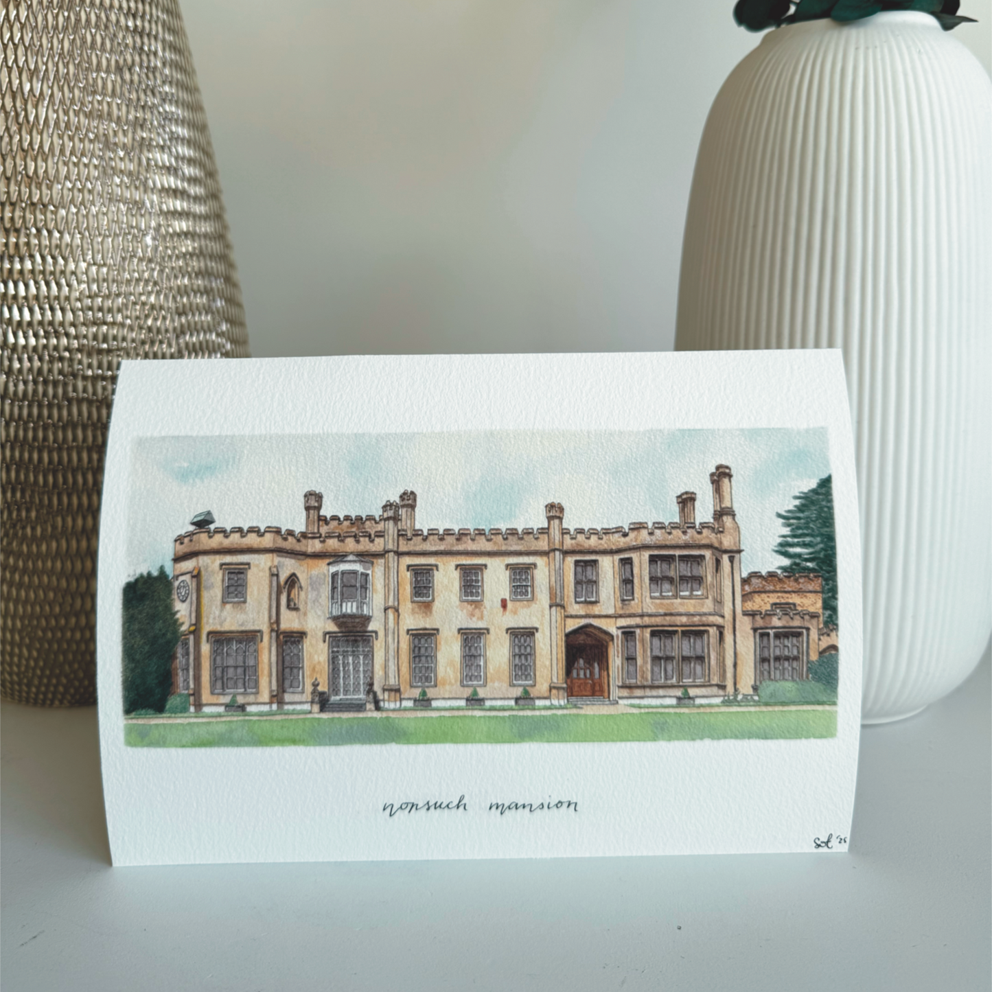 hand painted Fine art print of nonsuch mansion in nonsuch park, Cheam, Surrey, archival quality wall art wedding gift