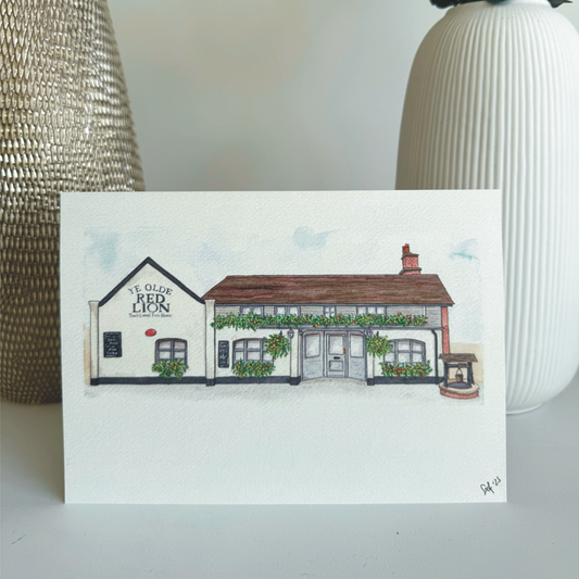the red lion pub fine art print - hand painted illustration of Cheam village pub