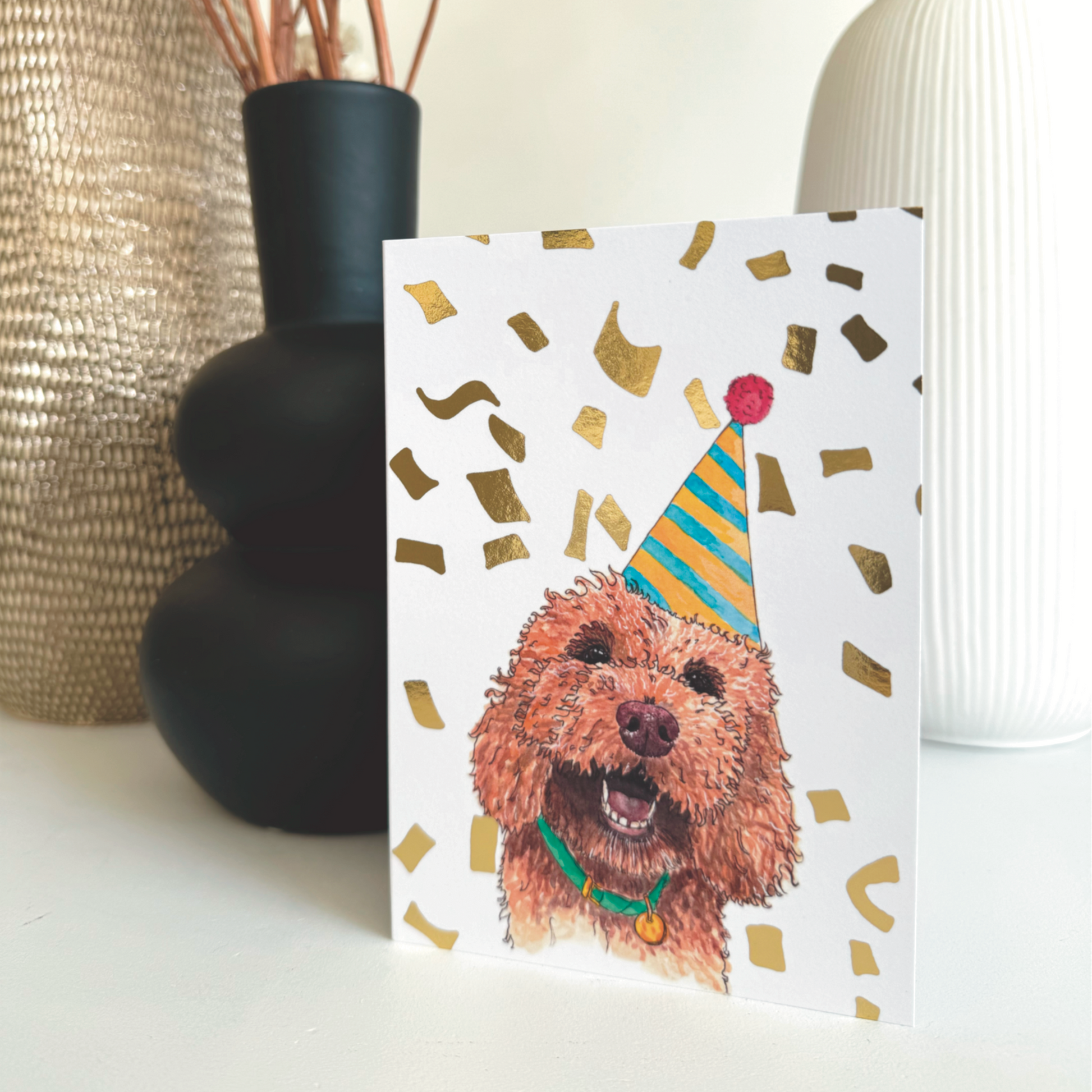 folk printed cockapoo party pet a6 birthday card with hand drawn dog illustration