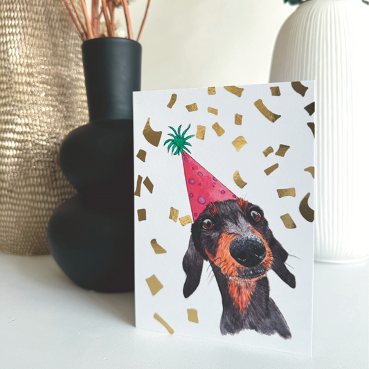 foil printed dachshund party pet a6 birthday card with hand drawn sausage dog illustration
